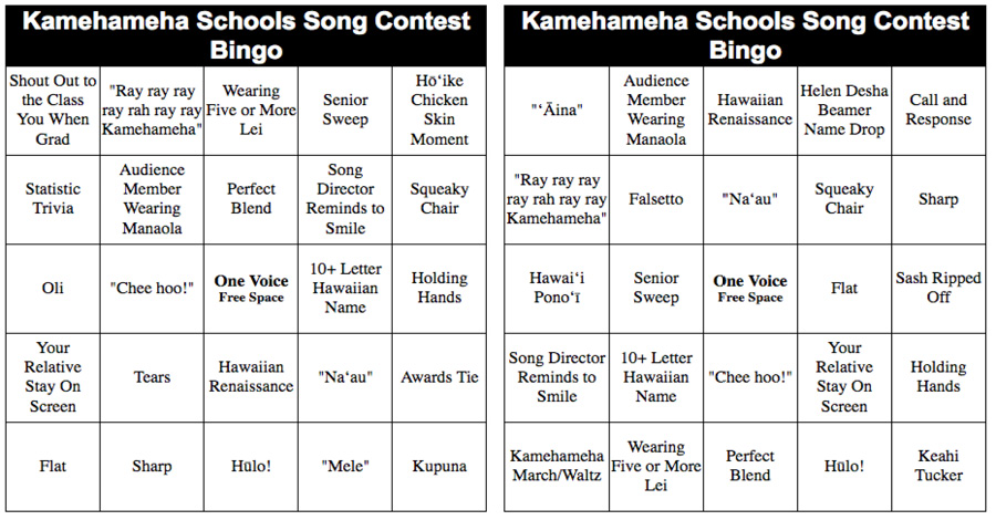 kamehameha schools song contest bingo