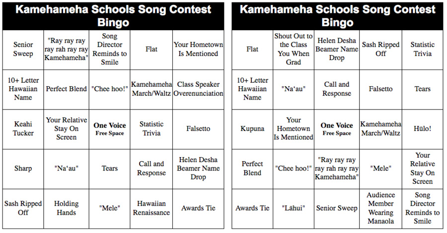 kamehameha schools song contest bingo