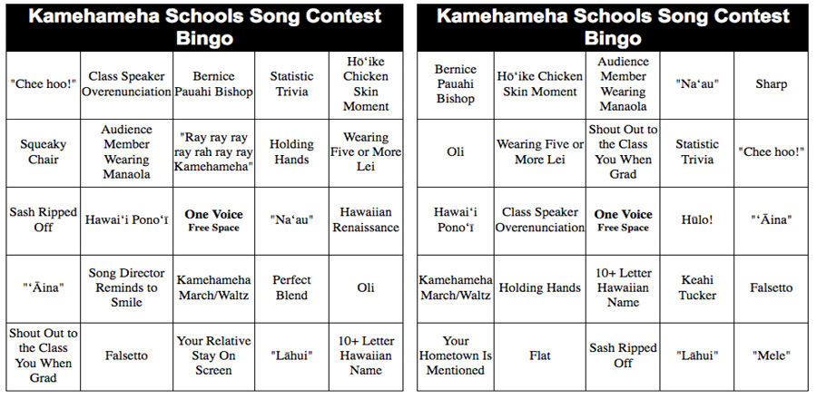 kamehameha schools song contest bingo