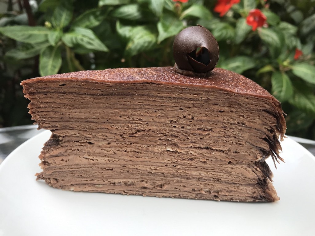 A slice of chocolate crêpe cake from Waikiki Tea House.