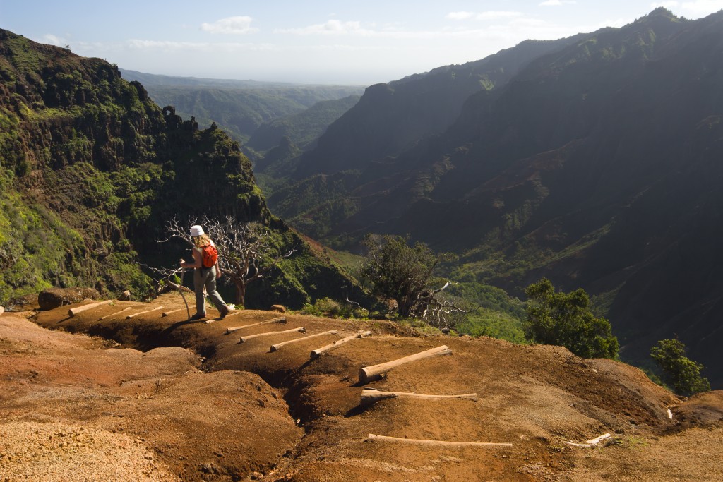 One Woman Hiking A Waimea Canyon Trail, Hawaii.