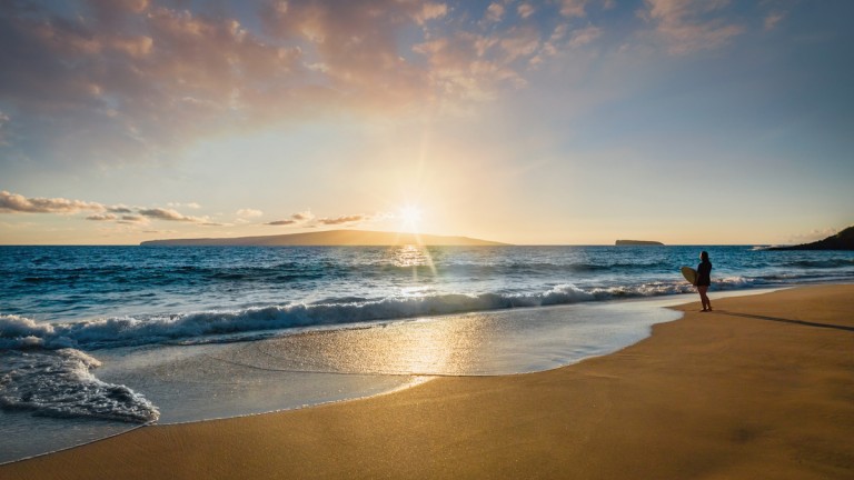 Surfer At The Beach Maui Island Sunset Panorama Hawaii Usa