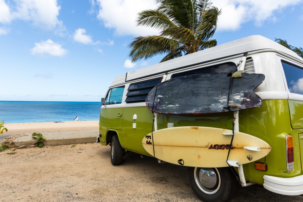 Volkswagen Westfalia Camper Van On Tropical Beach And Surf Boards