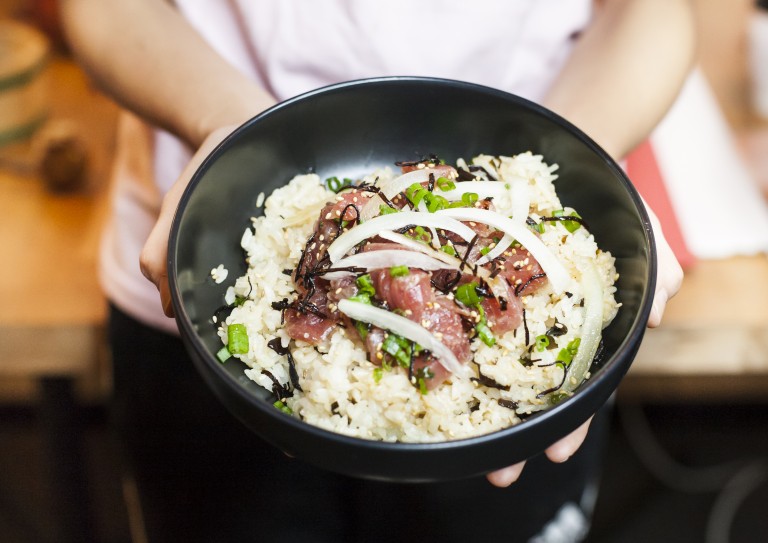 Raw Organic Ahi Tuna Poke Bowl With Rice And Veggies