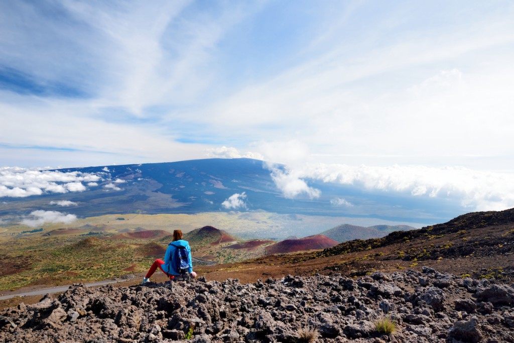 Tourist Admiring Breathtaking View Of Mauna Loa Volcano On The Big Island Of Hawaii, Usa