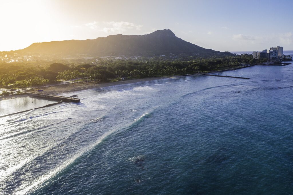 Diamond Head Mountain And Waikiki Queens Beach During Sunrise