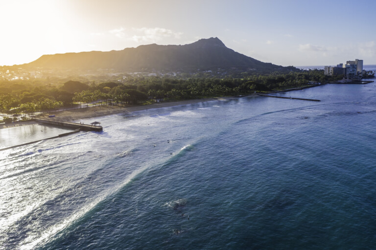Diamond Head Mountain And Waikiki Queens Beach During Sunrise