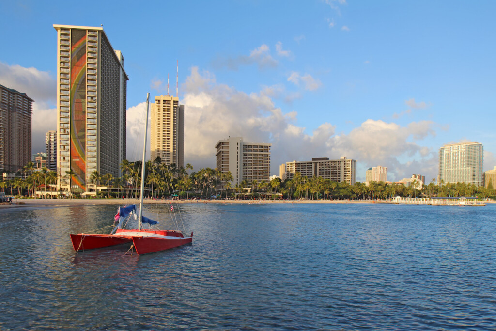 Catamaran And Hotels On Waikiki Beach