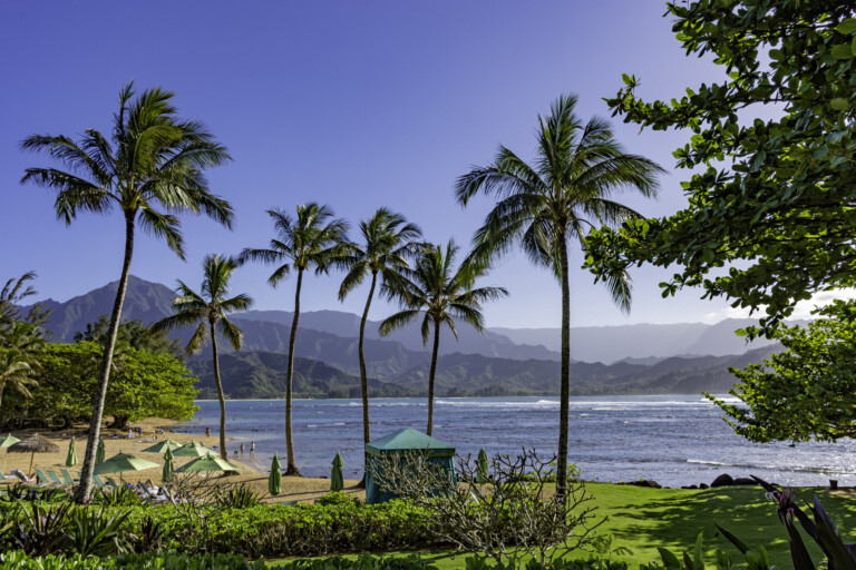 Beach At A Resort At Hanalei Bay And The Na Pali Coast Princeville Kauai Hawaii Usa