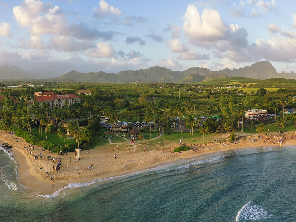 Aerial Of Sunset Over Poipu Beach In Kauai Hawaii Usa
