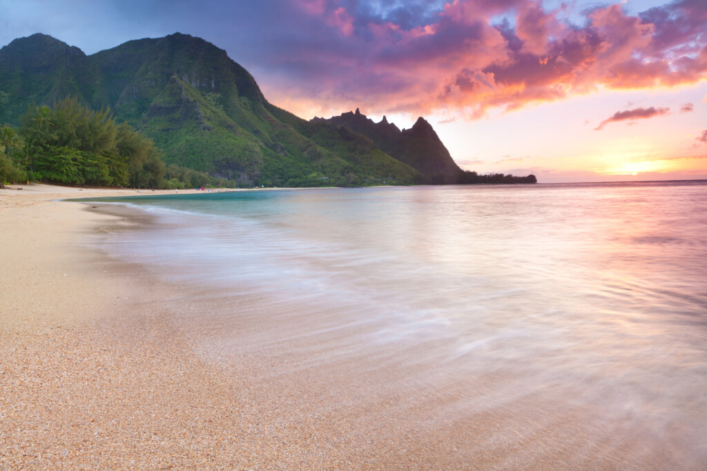 Kauai Tunnels Beach In Hawaii At Sunset