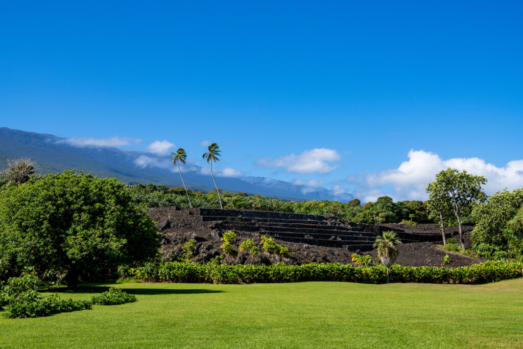 Ancient Ruins Of The Pi'ilanihale Heiau Temple In The Tropical Landscape Of Kahanu Garden, Hana, Maui
