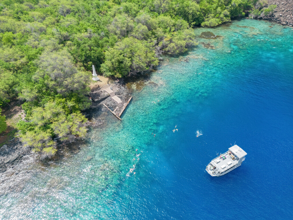 Aerial View Of The Captain James Cook Monument, Captain Cook Monument Trail, Kealakekua Bay State Historical Park, Big Island, Hawaii, Usa
