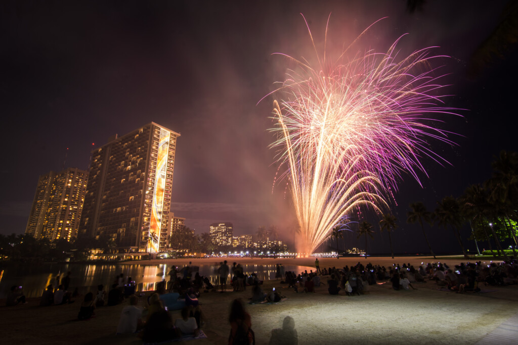 Pink Fireworks On Waikiki Beach, Honolulu, Hawaii