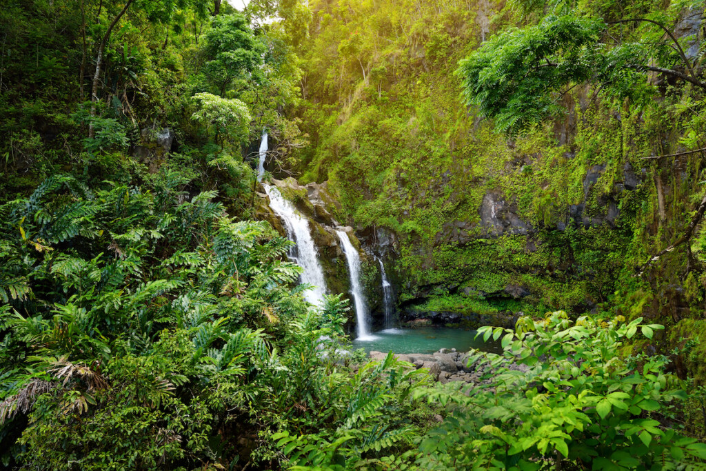 Upper Waikani Falls Also Known As Three Bears, A Trio Of Large Waterfalls Amid Rocks & Lush Vegetation With A Popular Swimming Hole, Maui, Hawaii