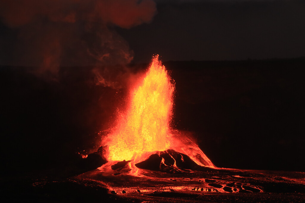 Angled Lava Fountain Shooting Higher Than The Halemaumau Crater Rim During Episode 20